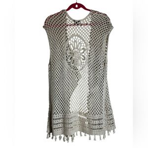 Artesia Crochet Knit Open Cardigan Fringe Vest Bohemian Festival Size Small